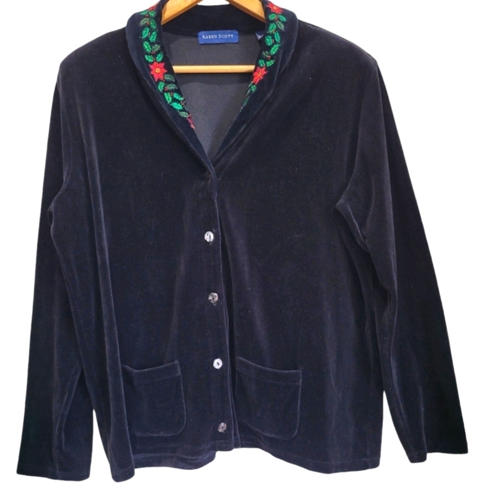 XL Vtg Karen Scott Cotton Blend Poinsetta Embroidered Velour Cardigan Sweater